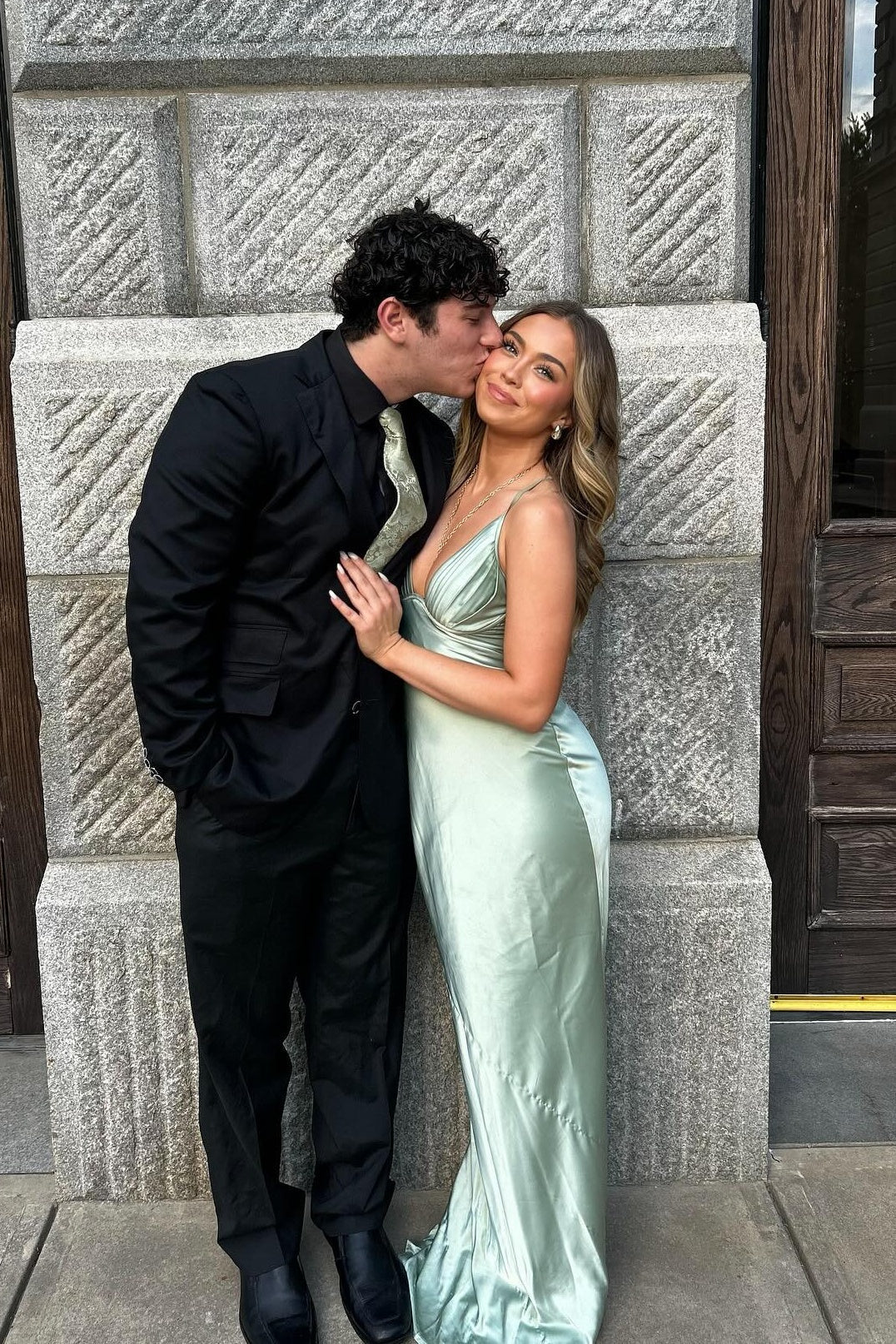 V-neck Light Sage Pleated Bust Mermaid Long Dress