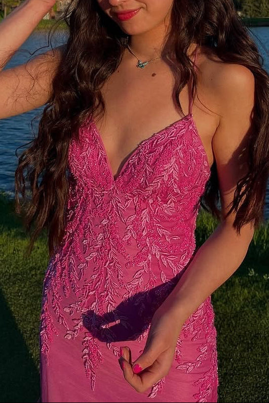 V-neck Hot Pink Lace Appliques Mermaid Long Dress