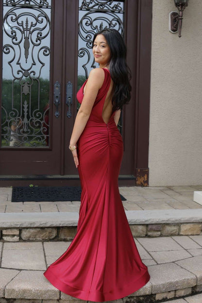 V-neck Red Open Back Mermaid Long Dress