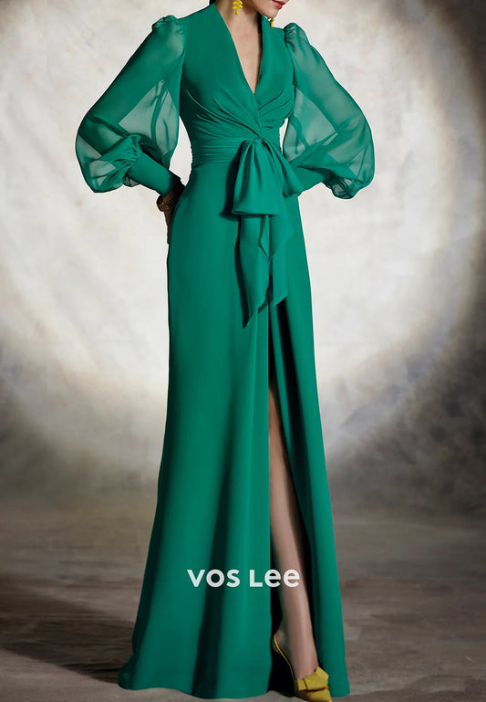 Long Sleeve V Neck Sheath Mother of Bride Dresses with High Split