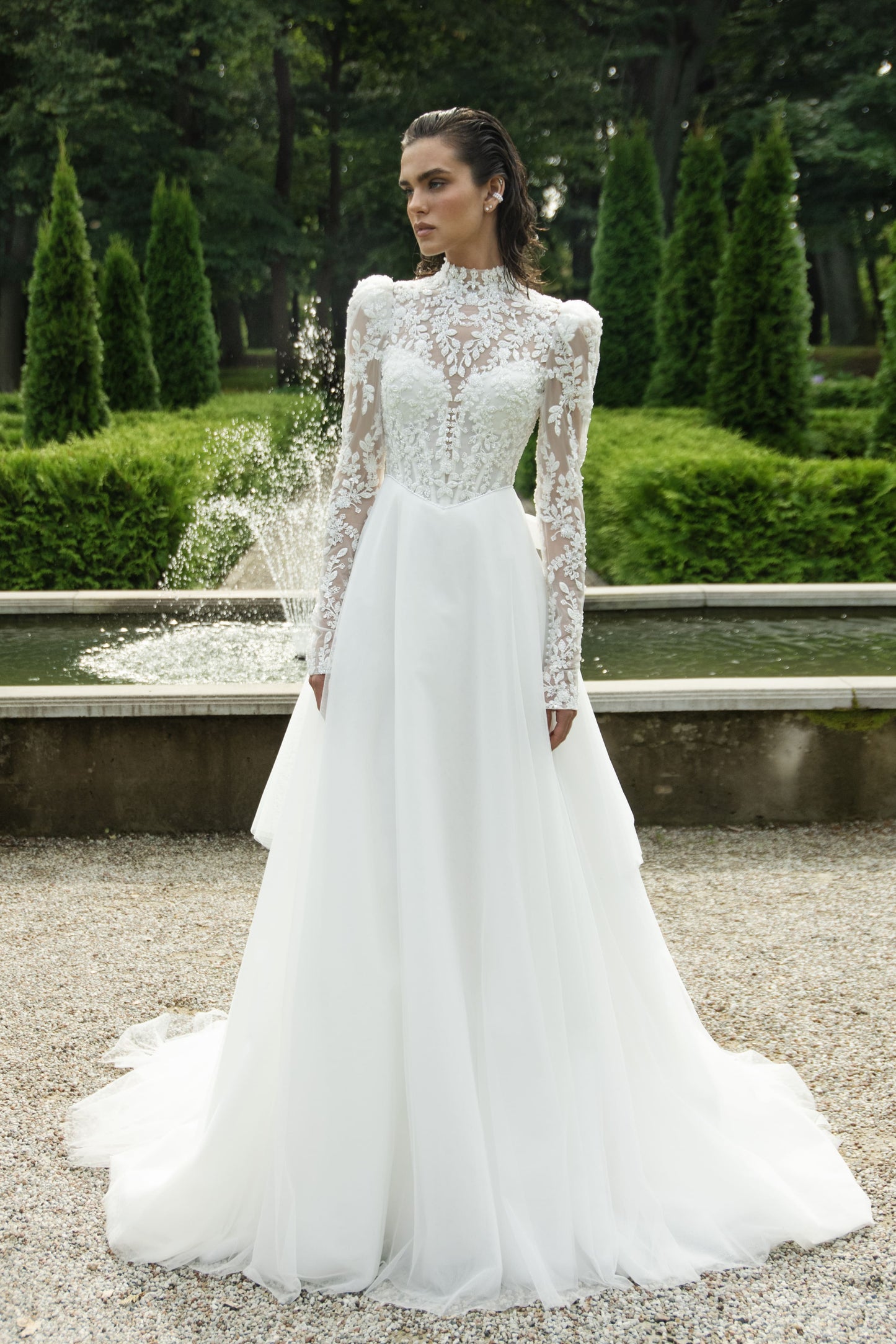 Lace and Tulle A-Line Wedding Dress with Corset and Floral Train Moire