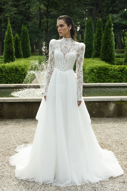 Lace and Tulle A-Line Wedding Dress with Corset and Floral Train Moire