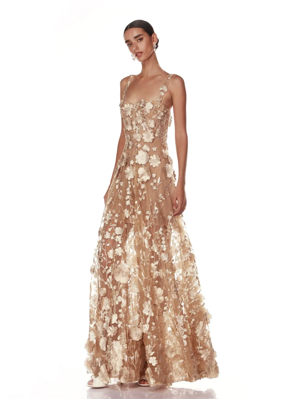 3D Floral Applique Champagne Gown | Sleeveless A-Line Dress for Weddings & Galas