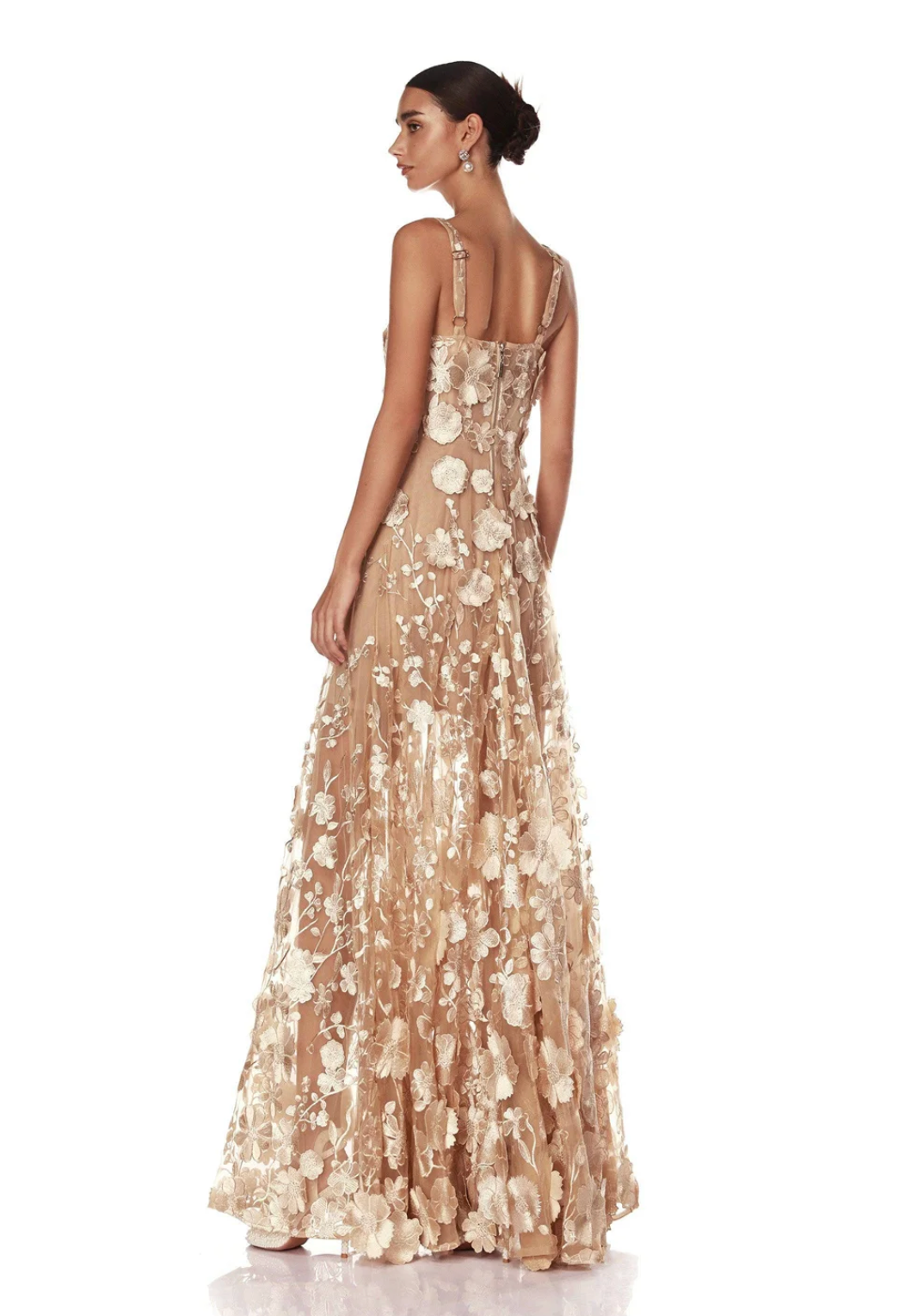 3D Floral Applique Champagne Gown | Sleeveless A-Line Dress for Weddings & Galas