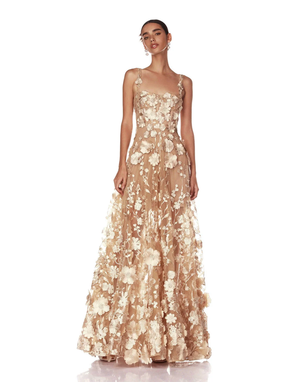 3D Floral Applique Champagne Gown | Sleeveless A-Line Dress for Weddings & Galas