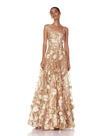 3D Floral Applique Champagne Gown | Sleeveless A-Line Dress for Weddings & Galas