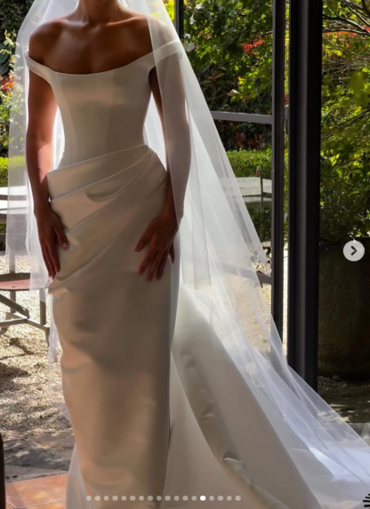 Dreamy Wedding Dress Sheath Off The Shoulder White Satin Summer Long Wedding Dresses Bridal Gowns