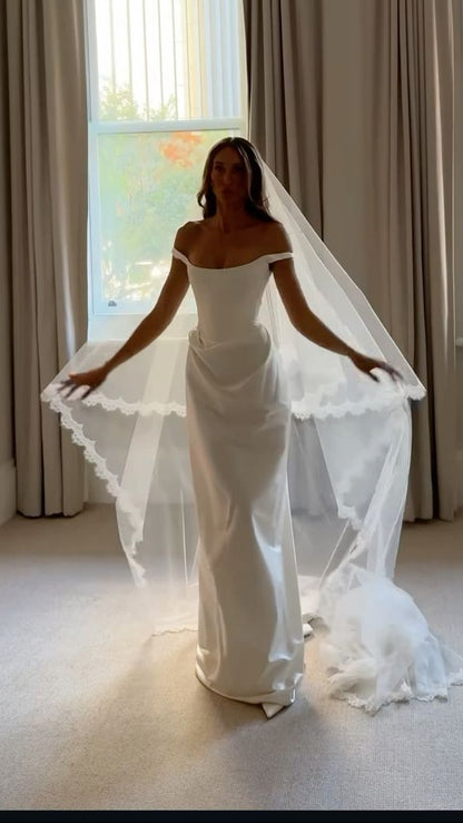 Dreamy Wedding Dress Sheath Off The Shoulder White Satin Summer Long Wedding Dresses Bridal Gowns