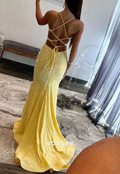 Chic & Modern V Neck Spaghetti Straps Ruched Mermaid Prom Dresses with Sweep Train