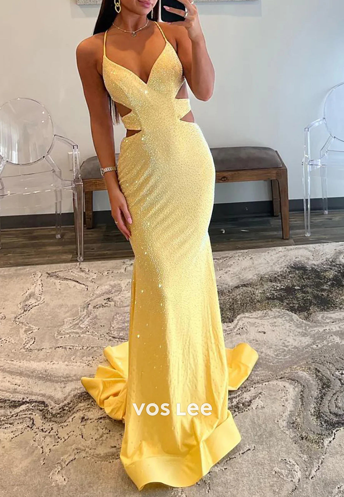 Chic & Modern V Neck Spaghetti Straps Ruched Mermaid Prom Dresses with Sweep Train