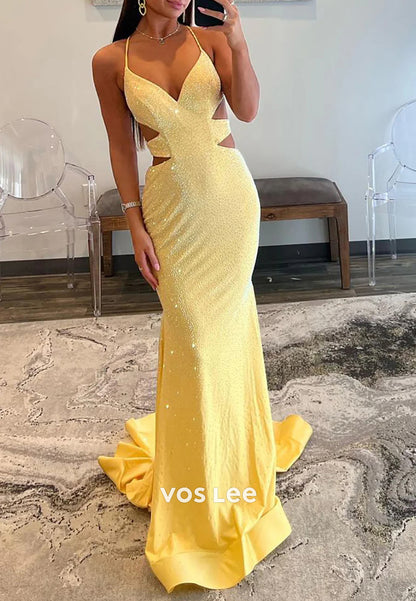 Chic & Modern V Neck Spaghetti Straps Ruched Mermaid Prom Dresses with Sweep Train