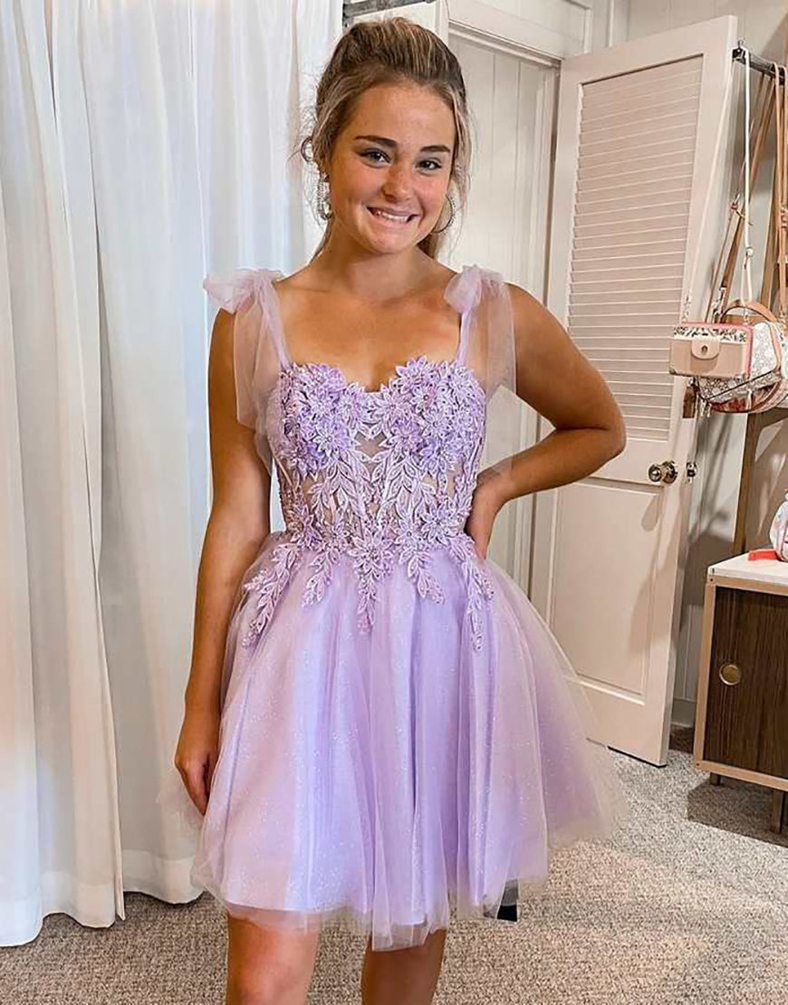 A-Line Tie Straps Short Party Dress With Appliques