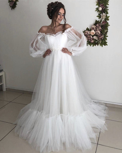 Puffy Sleeves Boho Wedding Dress Tulle Off Shoulder