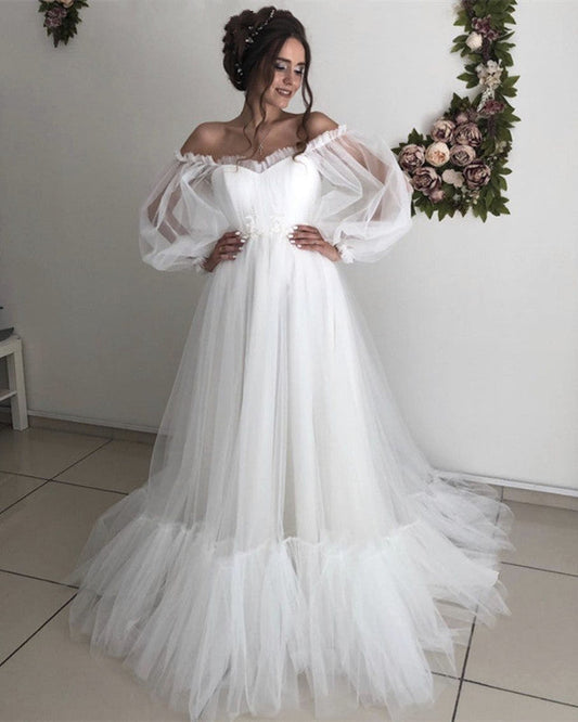 Puffy Sleeves Boho Wedding Dress Tulle Off Shoulder