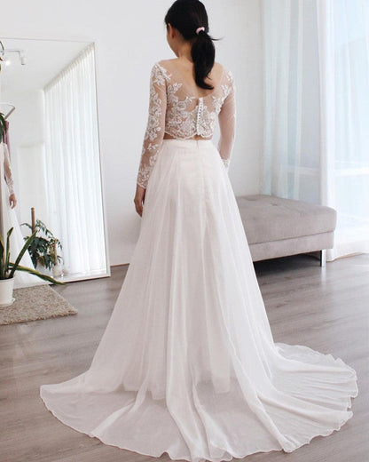 Two Piece Wedding Dress Chiffon Split Lace Sleeves