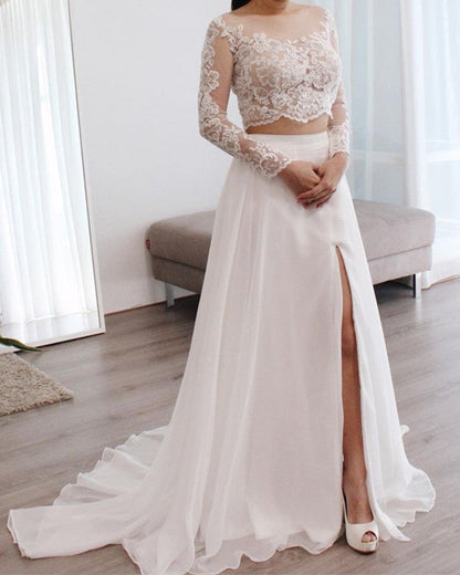Two Piece Wedding Dress Chiffon Split Lace Sleeves