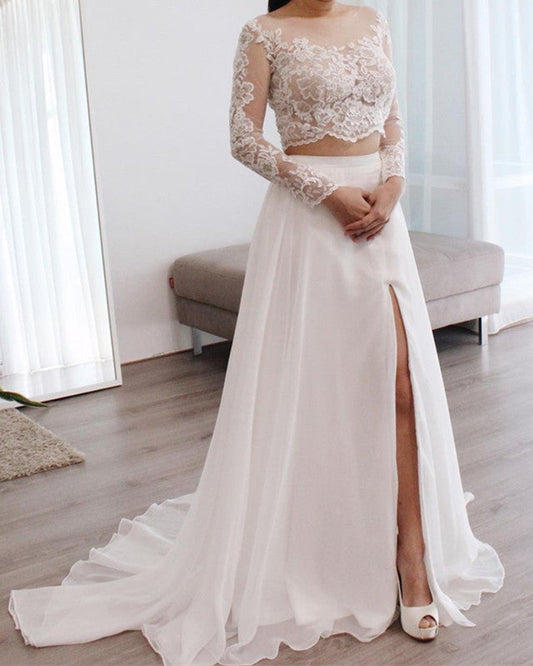 Two Piece Wedding Dress Chiffon Split Lace Sleeves