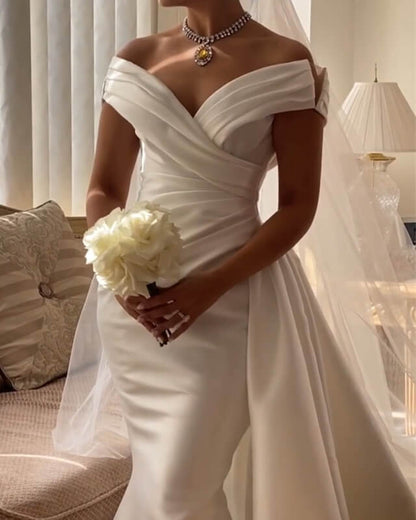 Mermaid Ruched Satin Wedding Dress Removable Skirt
