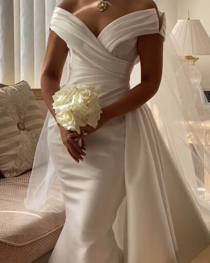 Mermaid Ruched Satin Wedding Dress Removable Skirt
