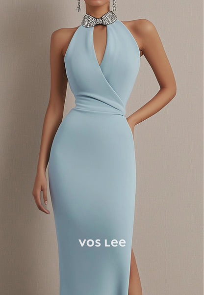 Empire Waist Halter Bowknot Ankle-Length Mermaid Evening Dresses with Side Split