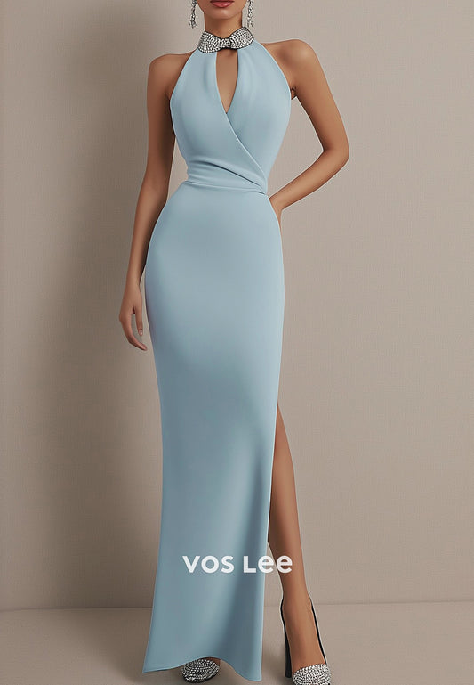 Empire Waist Halter Bowknot Ankle-Length Mermaid Evening Dresses with Side Split