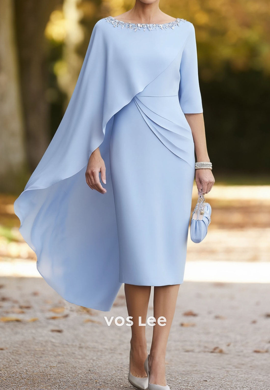 Wedding Dress Blue Crew Neck Knee-Length Mother of the Bride Dress