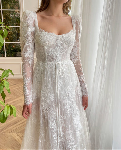 Square Neck Long Sleeves Lace A-Line Sweep Train Wedding Dress