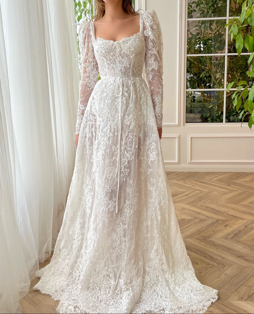 Square Neck Long Sleeves Lace A-Line Sweep Train Wedding Dress