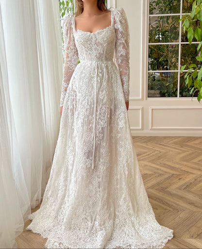 Square Neck Long Sleeves Lace A-Line Sweep Train Wedding Dress