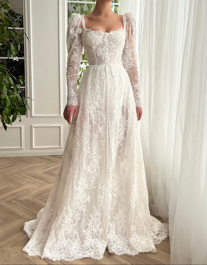 Square Neck Long Sleeves Lace A-Line Sweep Train Wedding Dress