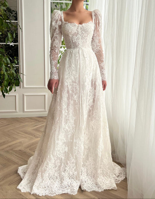 Square Neck Long Sleeves Lace A-Line Sweep Train Wedding Dress