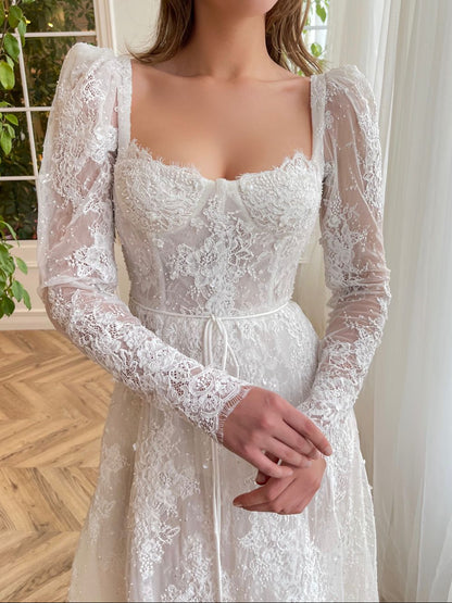 Square Neck Long Sleeves Lace A-Line Sweep Train Wedding Dress