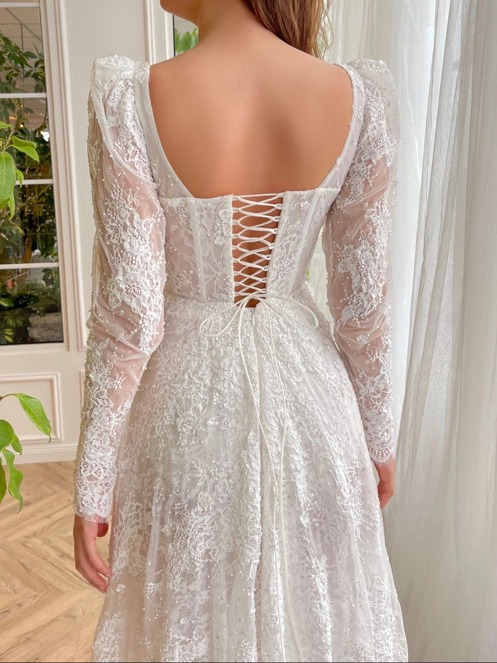 Square Neck Long Sleeves Lace A-Line Sweep Train Wedding Dress
