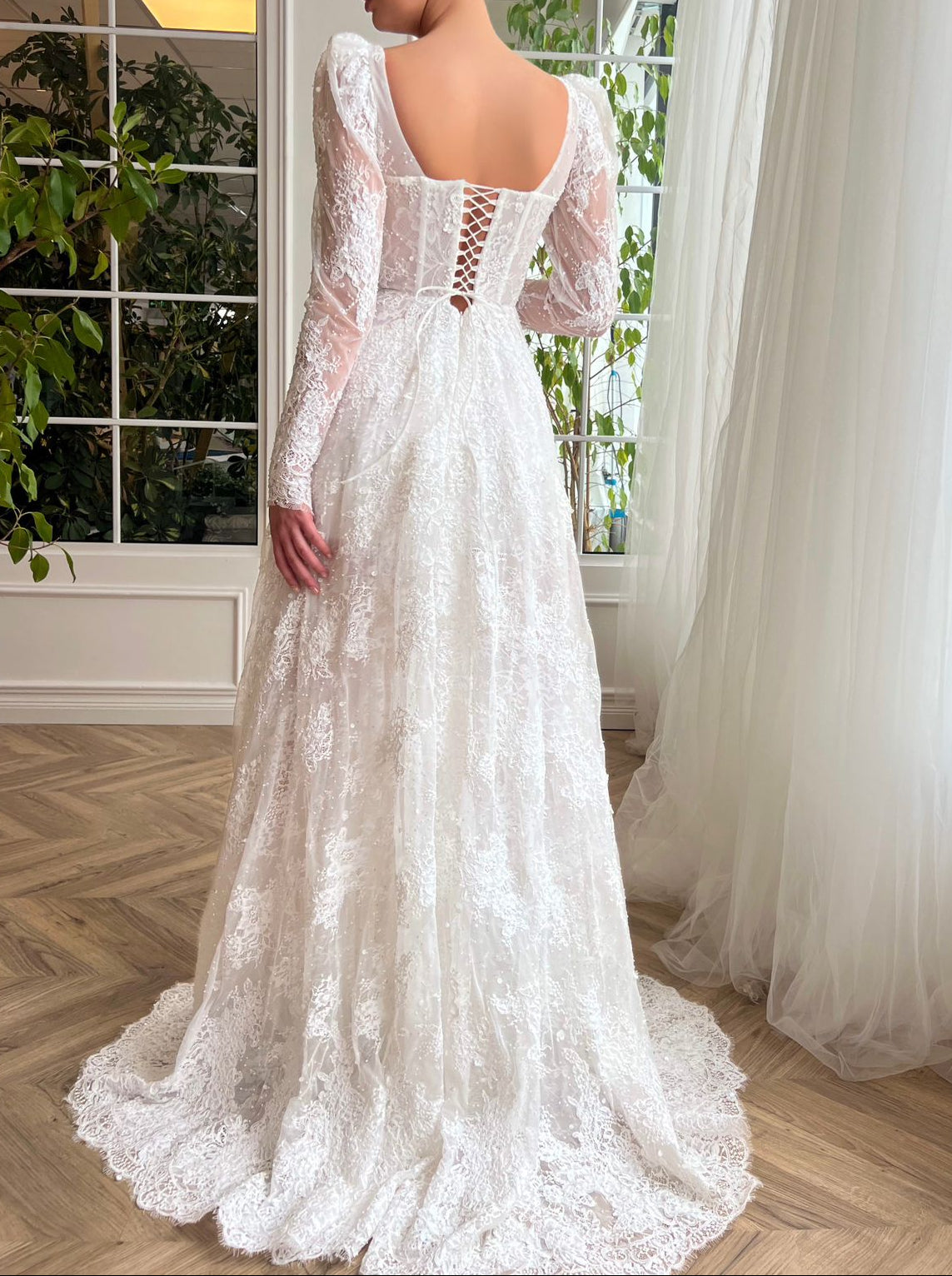 Square Neck Long Sleeves Lace A-Line Sweep Train Wedding Dress