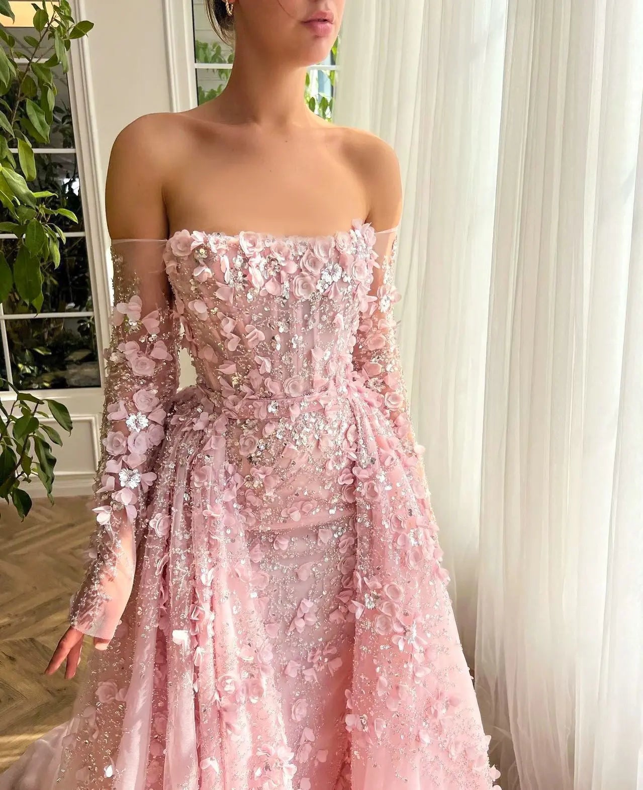 3D Floral Pink Off Shoulder Mermaid Prom Dress with Detachable Train