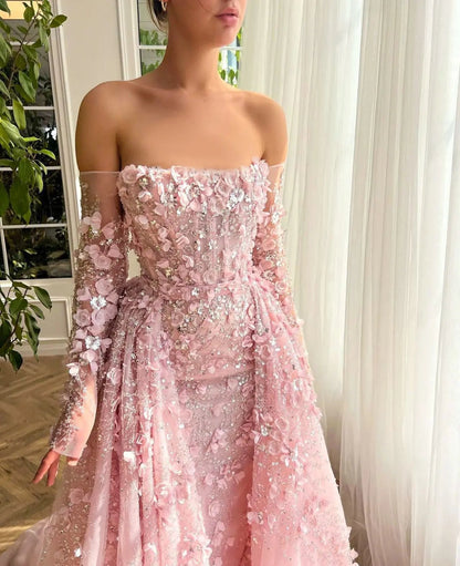 3D Floral Pink Off Shoulder Mermaid Prom Dress with Detachable Train