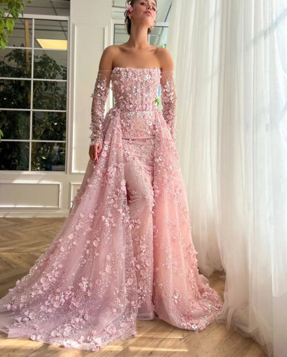 3D Floral Pink Off Shoulder Mermaid Prom Dress with Detachable Train