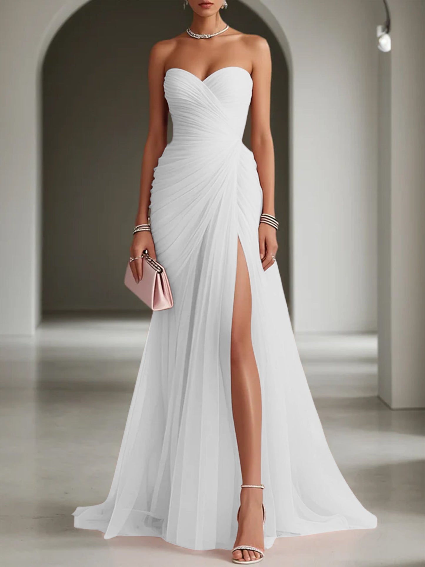 Pink Ruched Slit Tulle Strapless Sleeveless Sheath Gown Dress