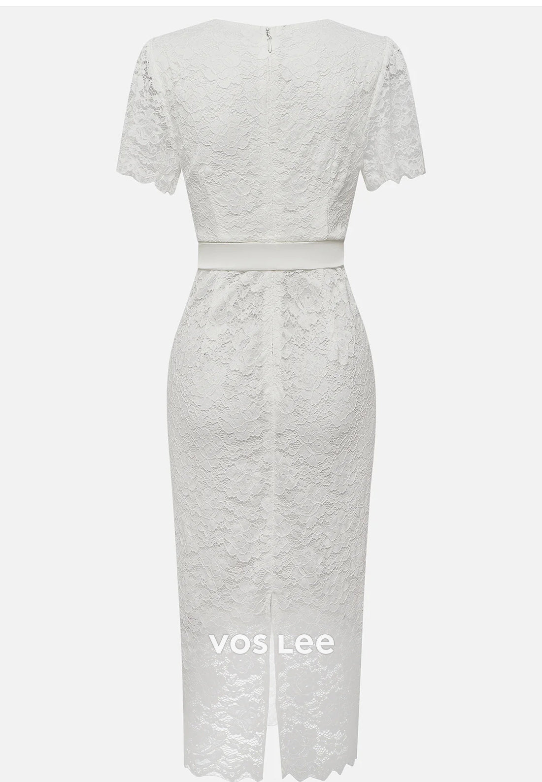 Short Sleeve White Bowknot Fully Lace V Neck Tea-Length Sheath Midi Party Dresses