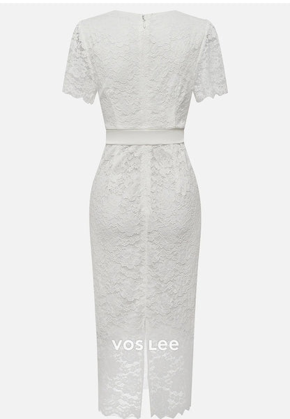 Short Sleeve White Bowknot Fully Lace V Neck Tea-Length Sheath Midi Party Dresses