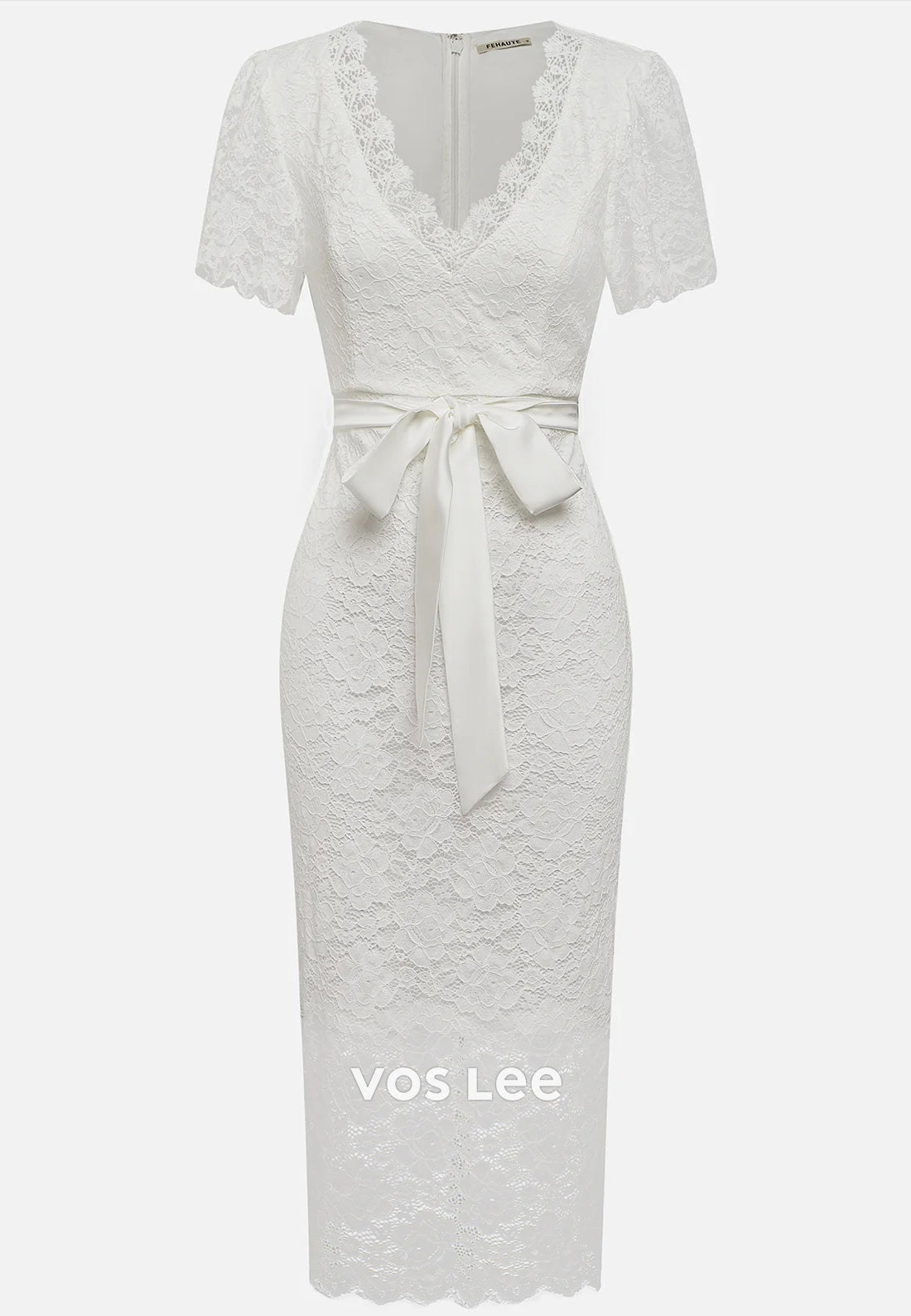 Short Sleeve White Bowknot Fully Lace V Neck Tea-Length Sheath Midi Party Dresses