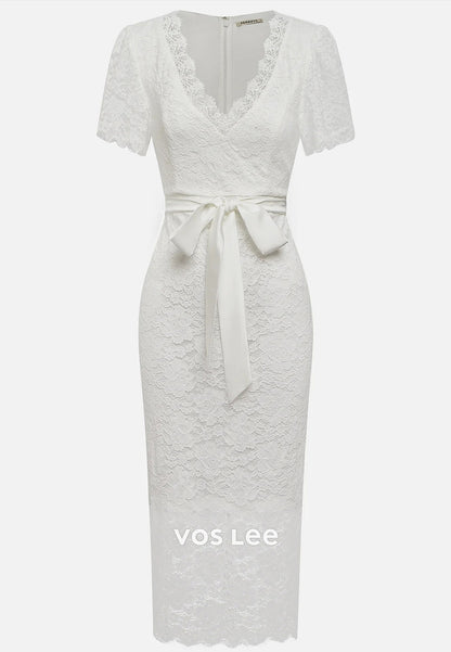 Short Sleeve White Bowknot Fully Lace V Neck Tea-Length Sheath Midi Party Dresses