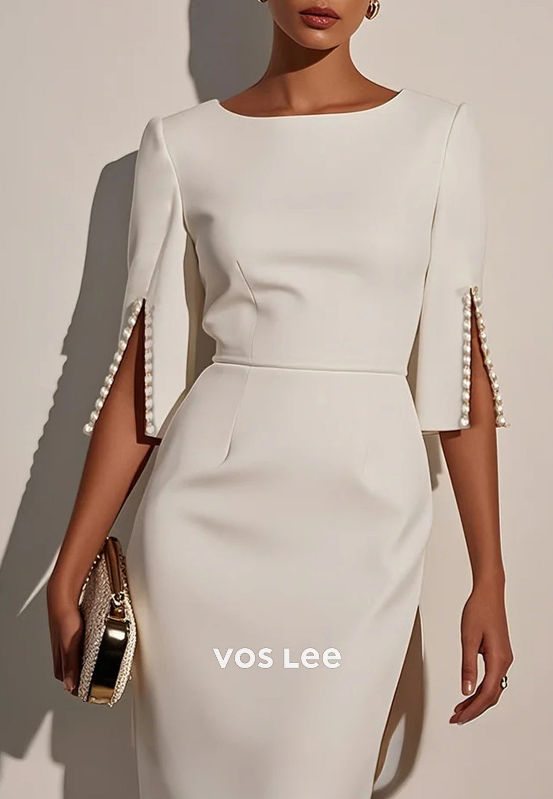 Elegant & Luxurious Scoop Half Sleeve Pearls Sheath Tea-Length Wedding Guest Dresses