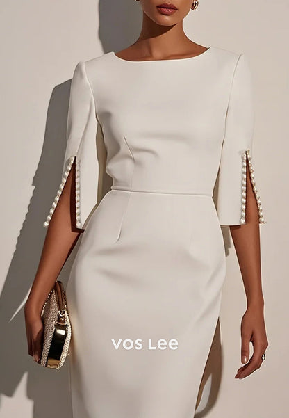Elegant & Luxurious Scoop Half Sleeve Pearls Sheath Tea-Length Wedding Guest Dresses