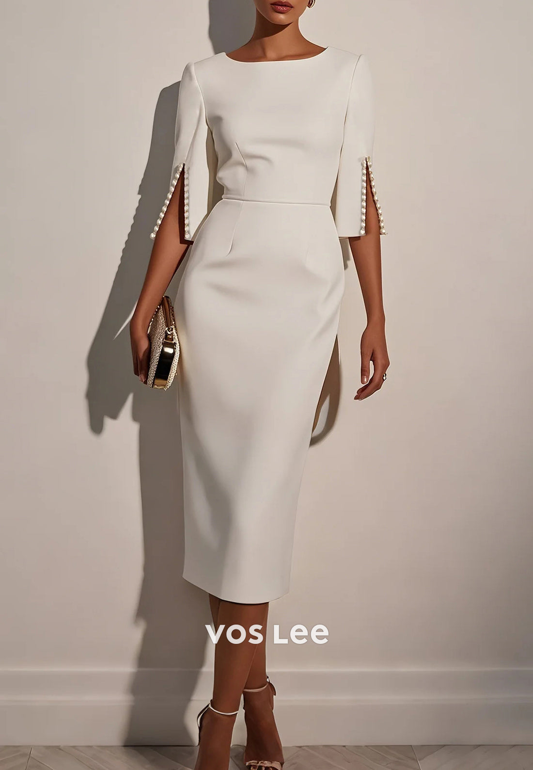 Elegant & Luxurious Scoop Half Sleeve Pearls Sheath Tea-Length Wedding Guest Dresses