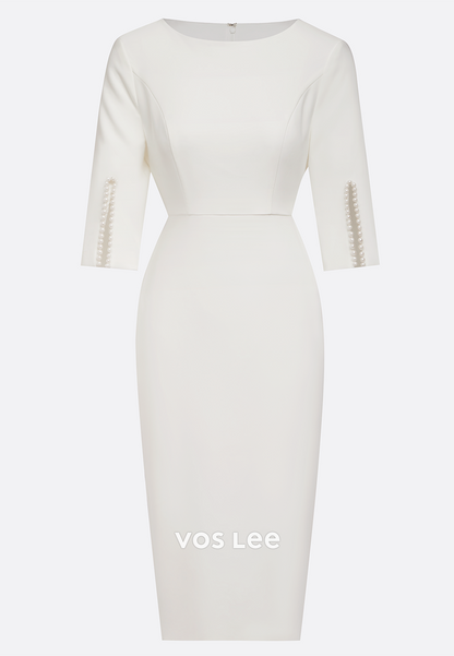 Elegant & Luxurious Scoop Half Sleeve Pearls Sheath Tea-Length Wedding Guest Dresses