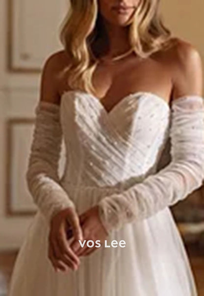 White Beadings Sweetheart Tulle Wedding Dress With Long Sleeves