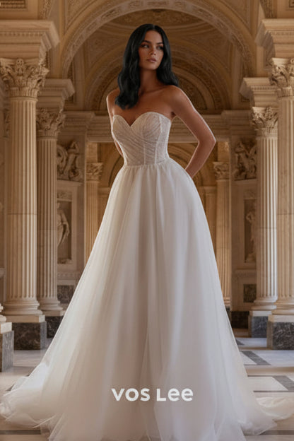 White Beadings Sweetheart Tulle Wedding Dress With Long Sleeves