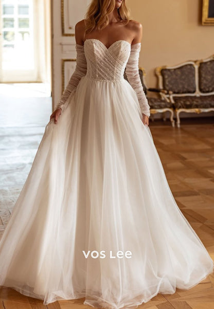 White Beadings Sweetheart Tulle Wedding Dress With Long Sleeves