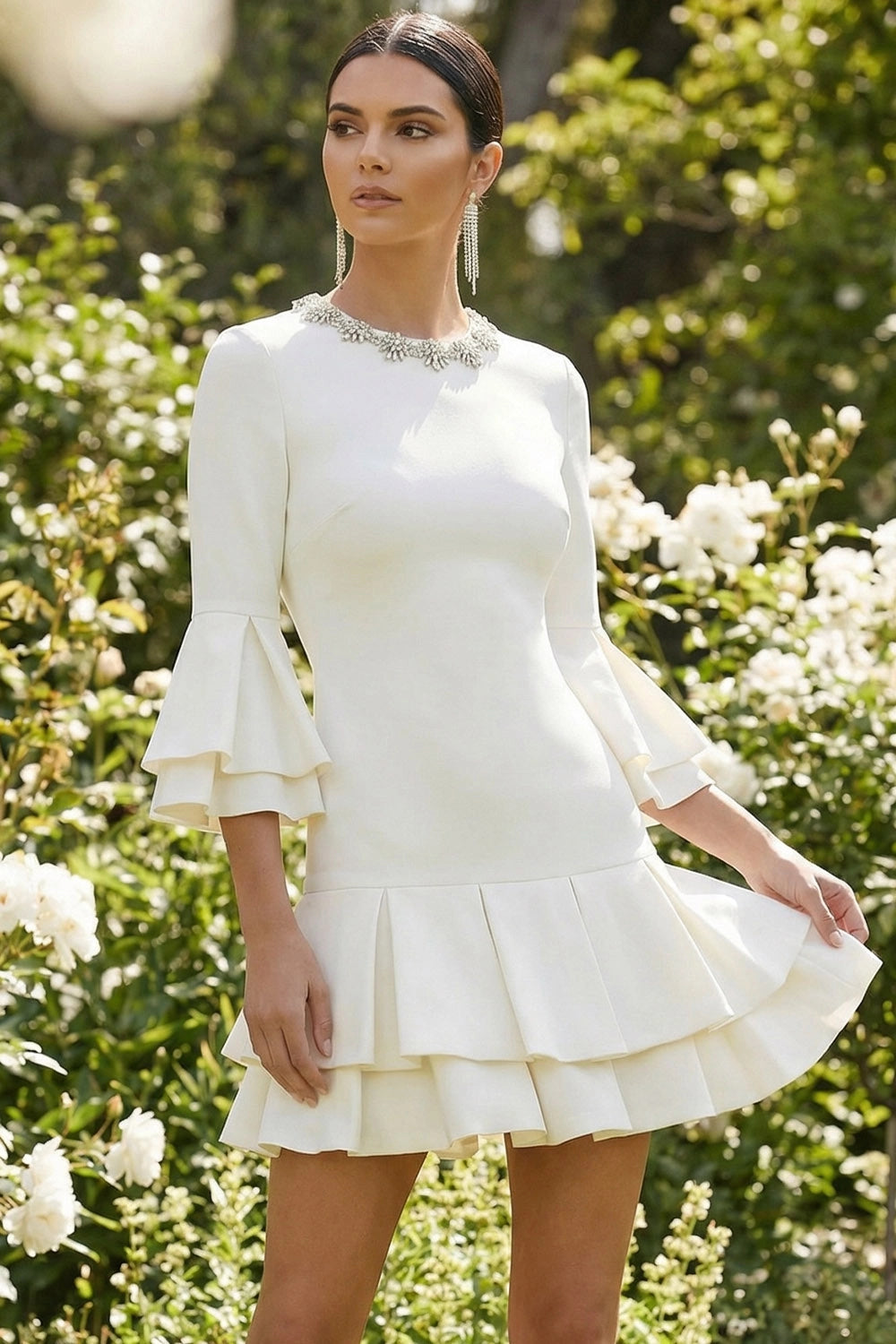 White Ruffle Mini Dress - Elegant Bell Sleeve Wedding Guest Dress